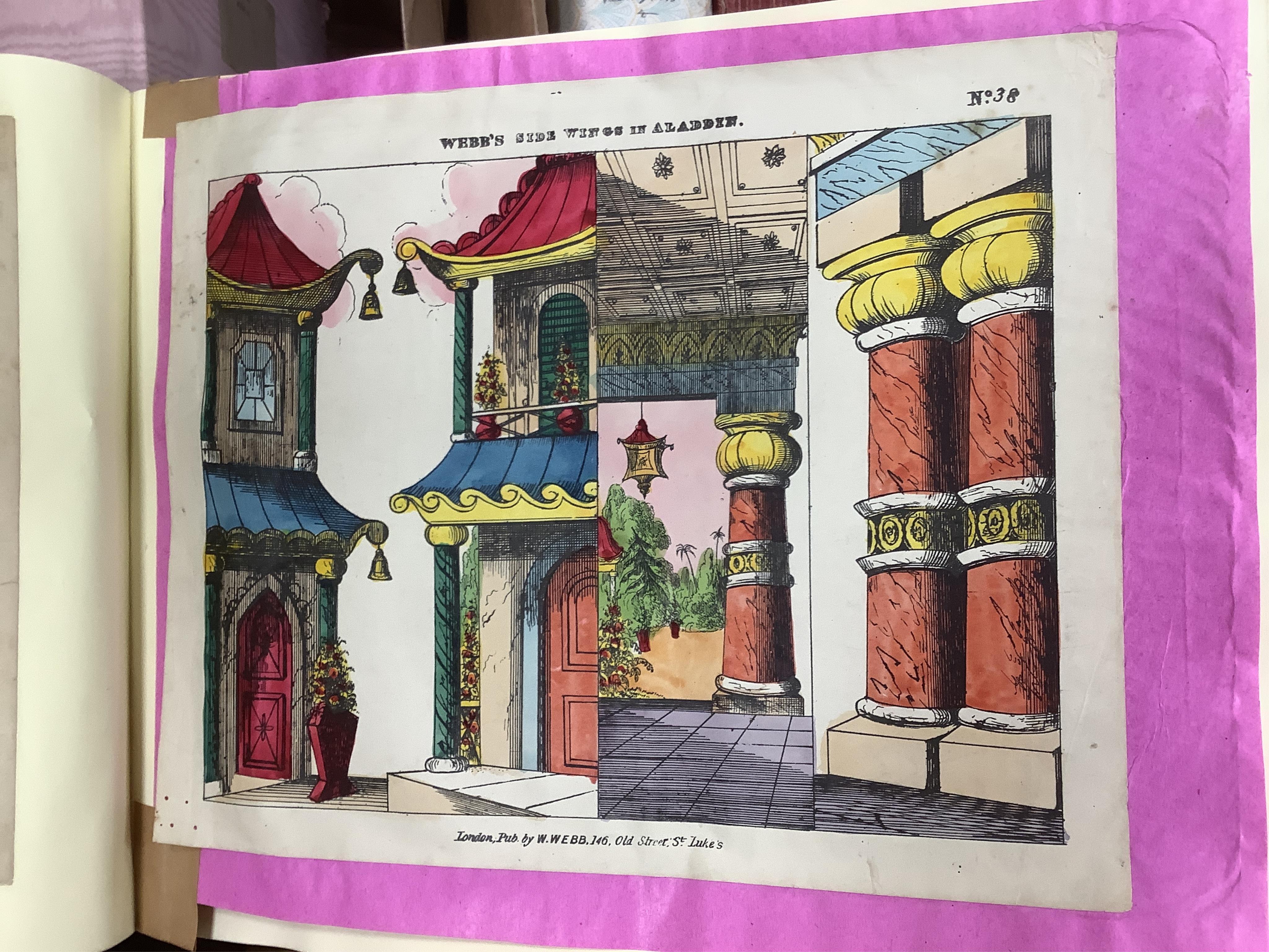 Juvenile Drama, an archive of Toy Theatre including Pollock, Green Edwards Bailey, Redington & Brett, Hodgson, Dyer Park, and others large scenes, back drops, scenery, portraits pasted into eight large albums